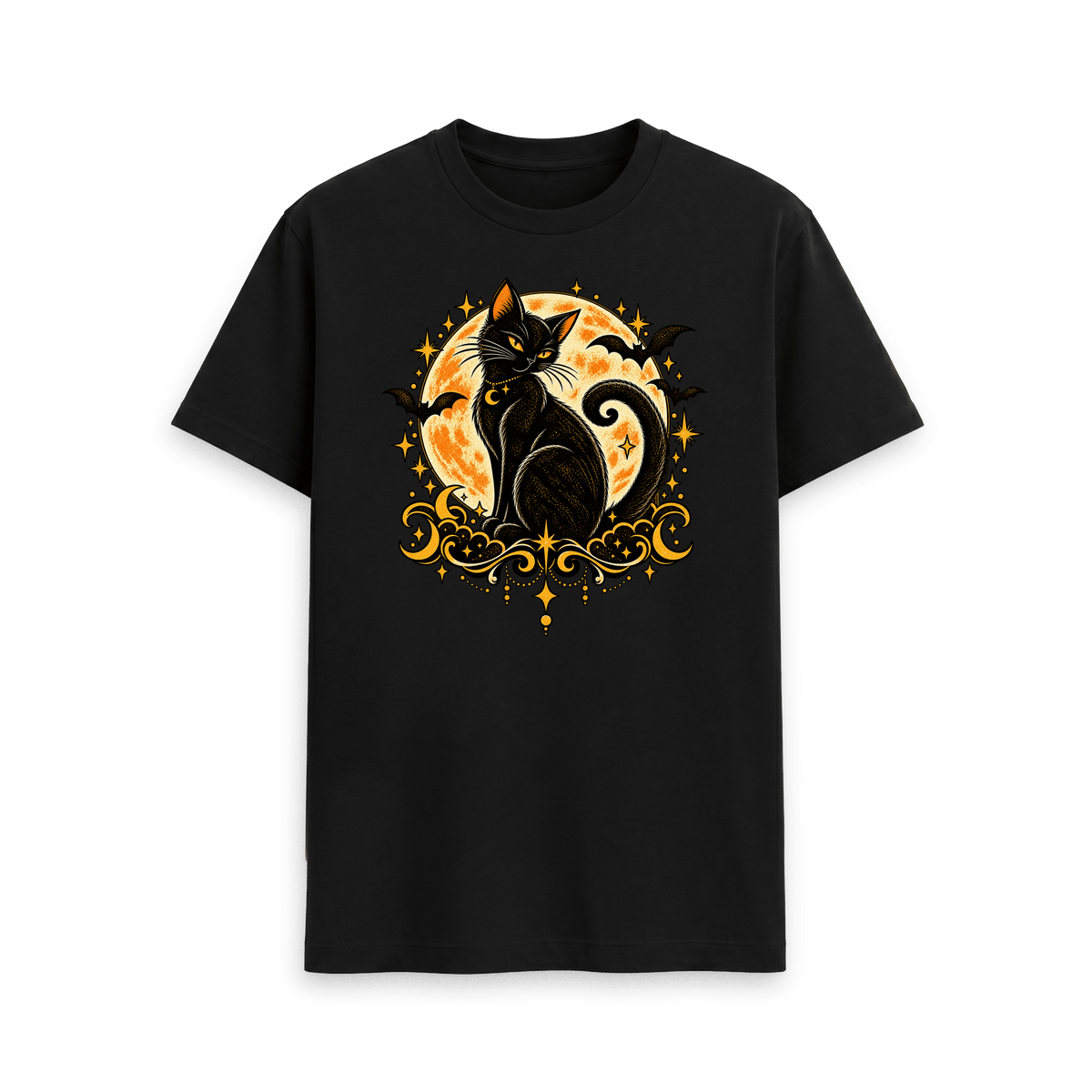 Black CARVÉ Midnight Familiar graphic T-shirt with black cat, full moon and stars, front view