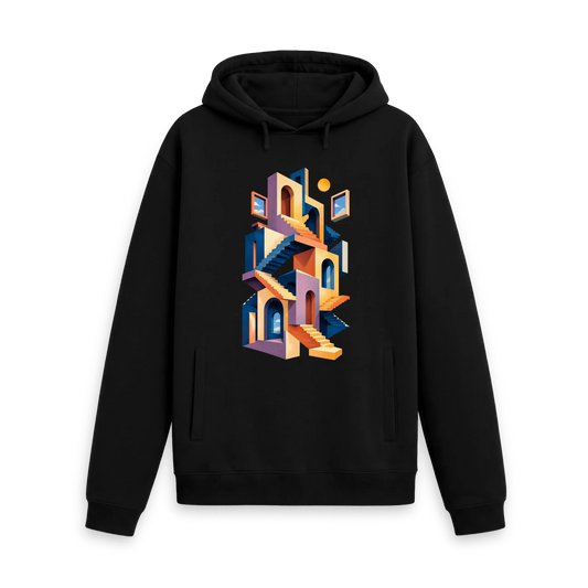 CARVÉ Between Floors Graphic Hoodie in Black, front view with surreal staircase and archway artwork