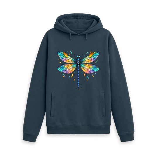 CARVÉ Prism Wings Graphic Hoodie in Navy, front view with colourful stained-glass dragonfly artwork