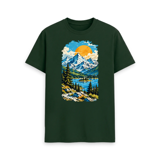 CARVÉ Summit Days Graphic T-Shirt in Evergreen, front view with alpine mountain, forest and lake landscape artwork
