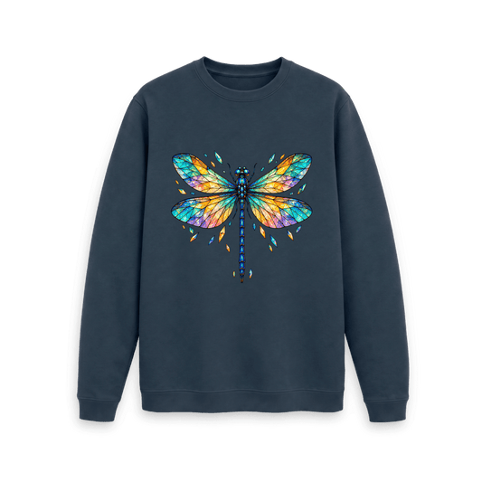 CARVÉ Prism Wings Graphic Sweatshirt in Navy Blue, front view with colourful stained-glass dragonfly artwork