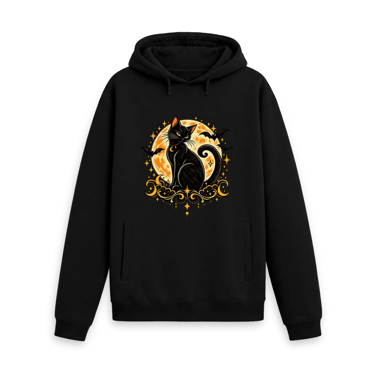 Black CARVÉ Midnight Familiar graphic hoodie with black cat, full moon and stars, front view