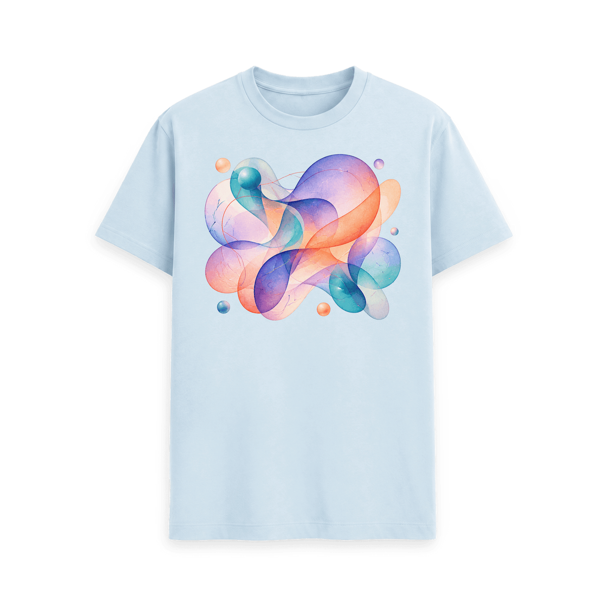 CARVÉ Weightless Forms Graphic T-Shirt in Sky Blue, front view with pastel abstract ribbons and floating forms