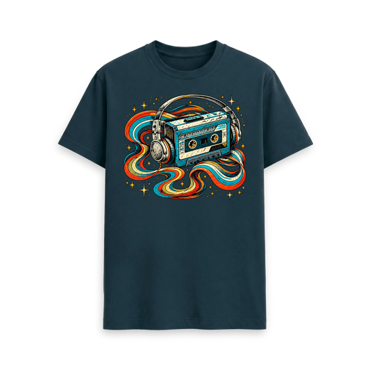 CARVÉ Radio Silence Graphic T-Shirt in Denim Blue, front view with retro cassette, headphones and colourful ribbon artwork
