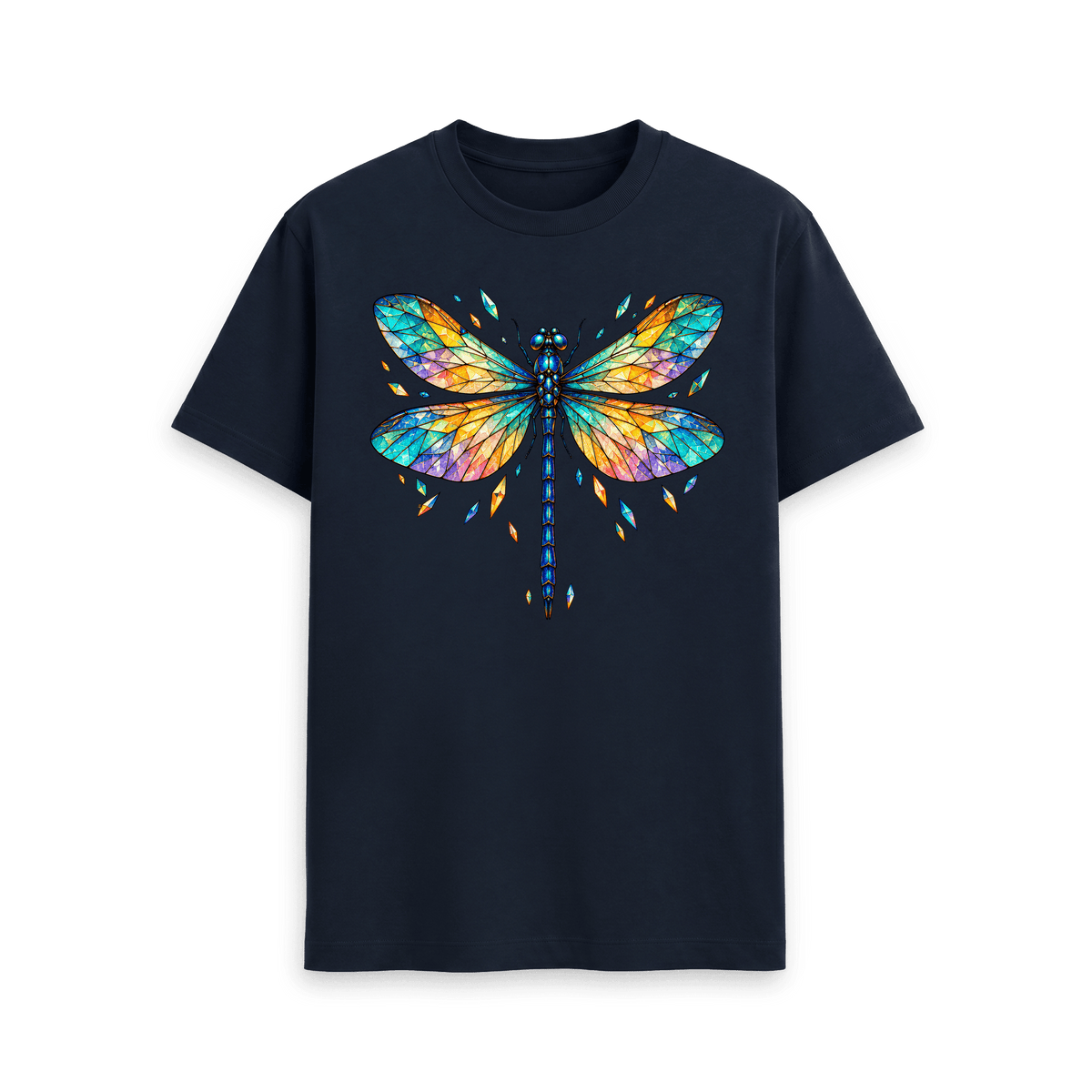 CARVÉ Prism Wings Graphic T-Shirt in Navy Blue, front view with colourful stained-glass dragonfly artwork
