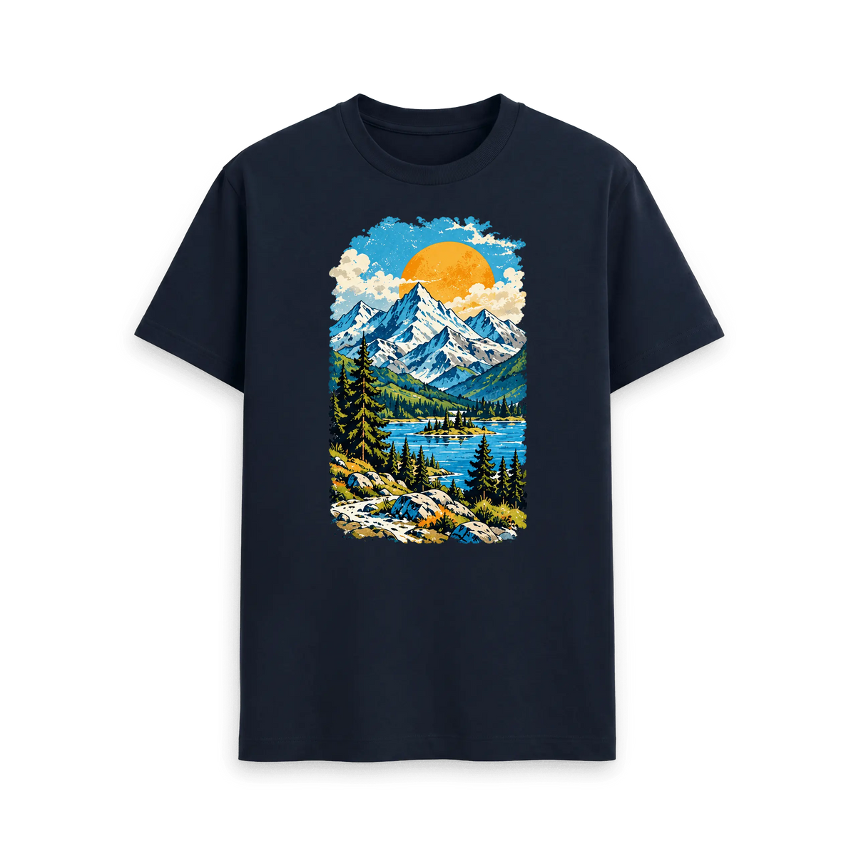 CARVÉ Summit Days Graphic T-Shirt in Navy Blue, front view with alpine mountain, forest and lake landscape artwork