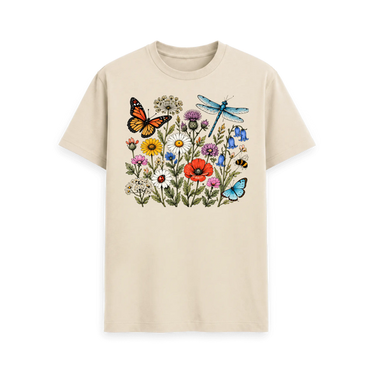 CARVÉ Wild Botanicals Graphic T-Shirt in Oat, front view with detailed wildflower, butterfly and insect illustration