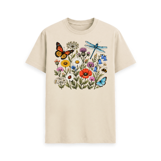 CARVÉ Wild Botanicals Graphic T-Shirt in Oat, front view with detailed wildflower, butterfly and insect illustration