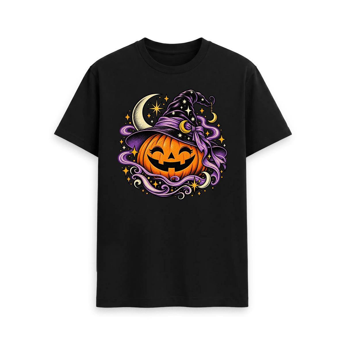 Black CARVÉ Pumpkin Spell graphic T-shirt with witch hat pumpkin and purple swirls, front view