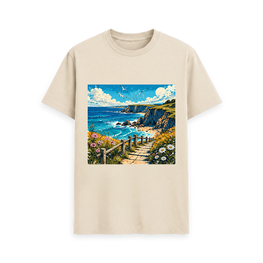 CARVÉ Coastal Drift Graphic T-Shirt in Oat, front view with vintage-style coastal landscape illustration