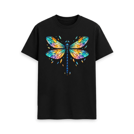 CARVÉ Prism Wings Graphic T-Shirt in Black, front view with colourful stained-glass dragonfly artwork