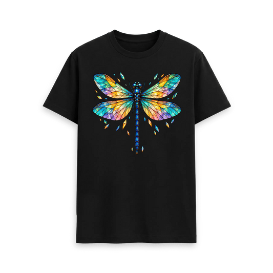 CARVÉ Prism Wings Graphic T-Shirt in Black, front view with colourful stained-glass dragonfly artwork