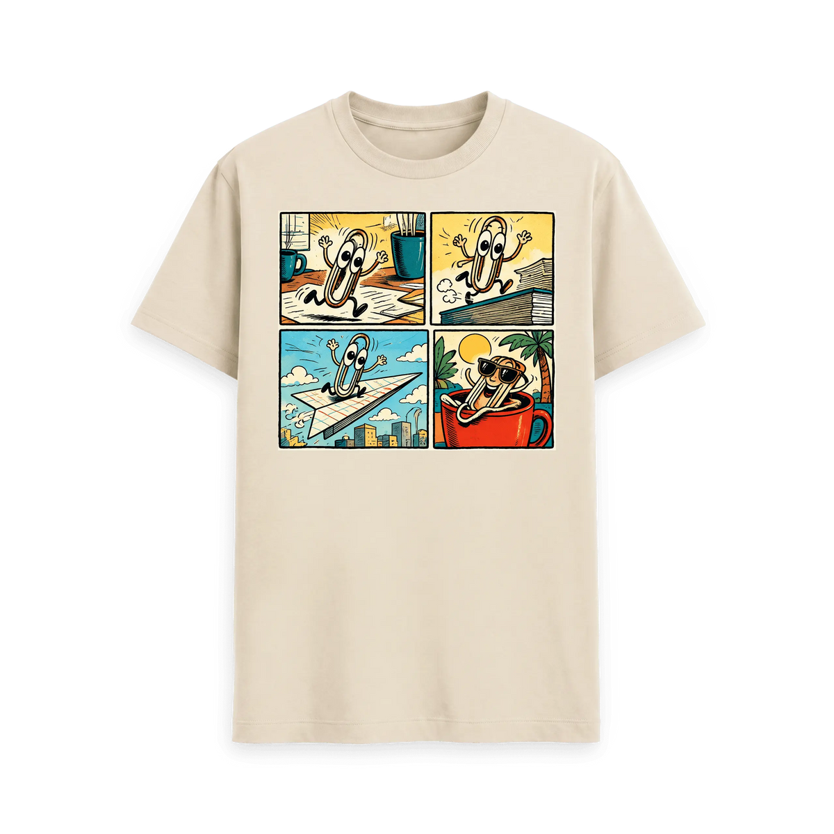 CARVÉ Desk Escape Graphic T-Shirt in Oat, front view with playful four-panel paperclip escape comic