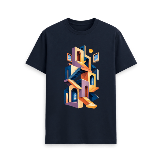 CARVÉ Between Floors Graphic T-Shirt in Navy Blue, front view with surreal staircase and archway artwork