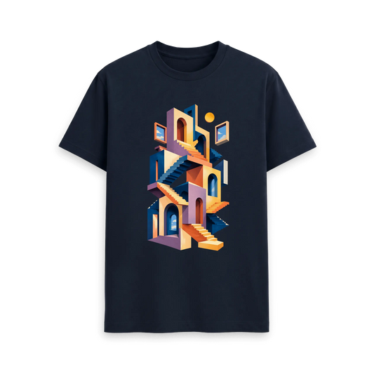 CARVÉ Between Floors Graphic T-Shirt in Navy Blue, front view with surreal staircase and archway artwork