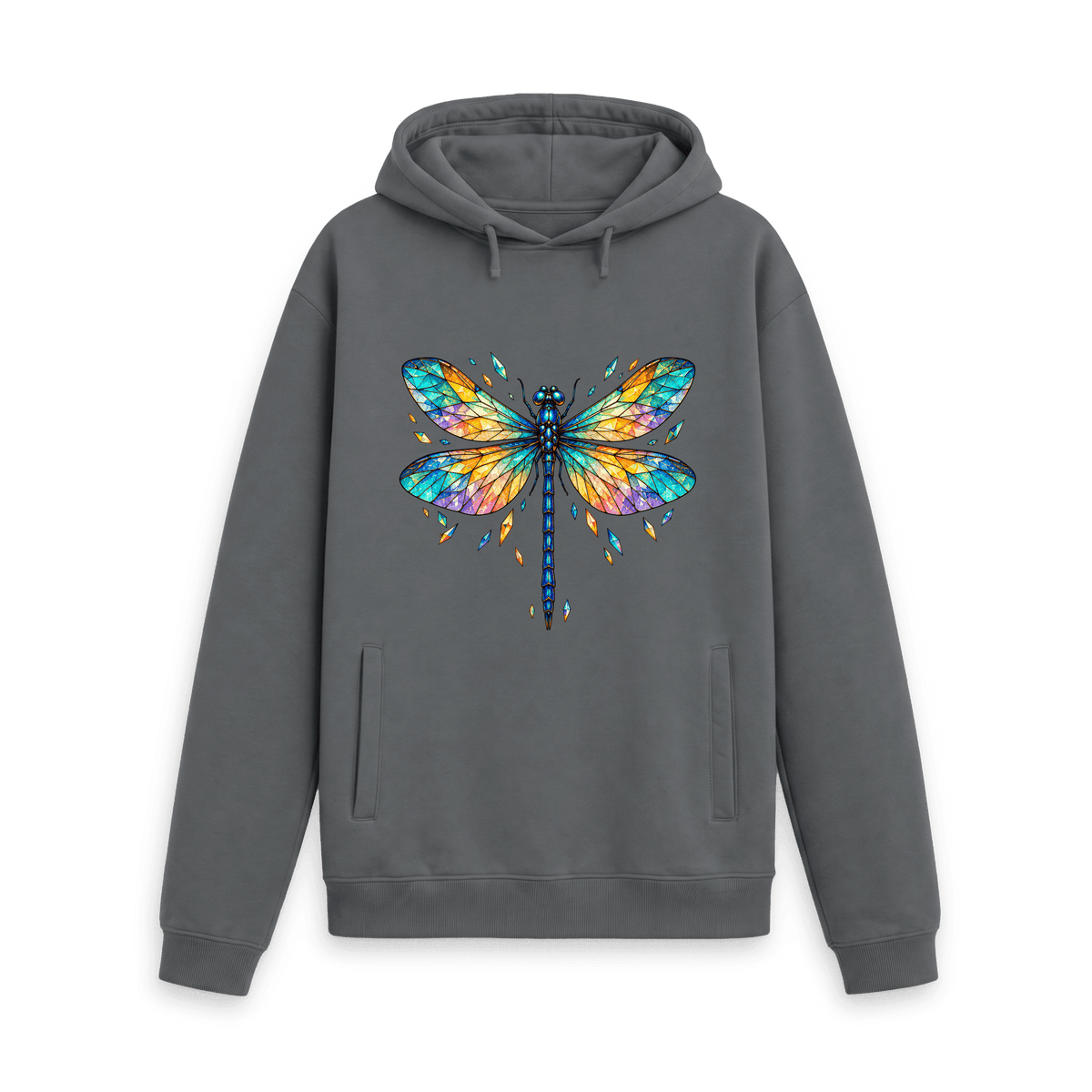 CARVÉ Prism Wings Graphic Hoodie in Slate Grey, front view with colourful stained-glass dragonfly artwork