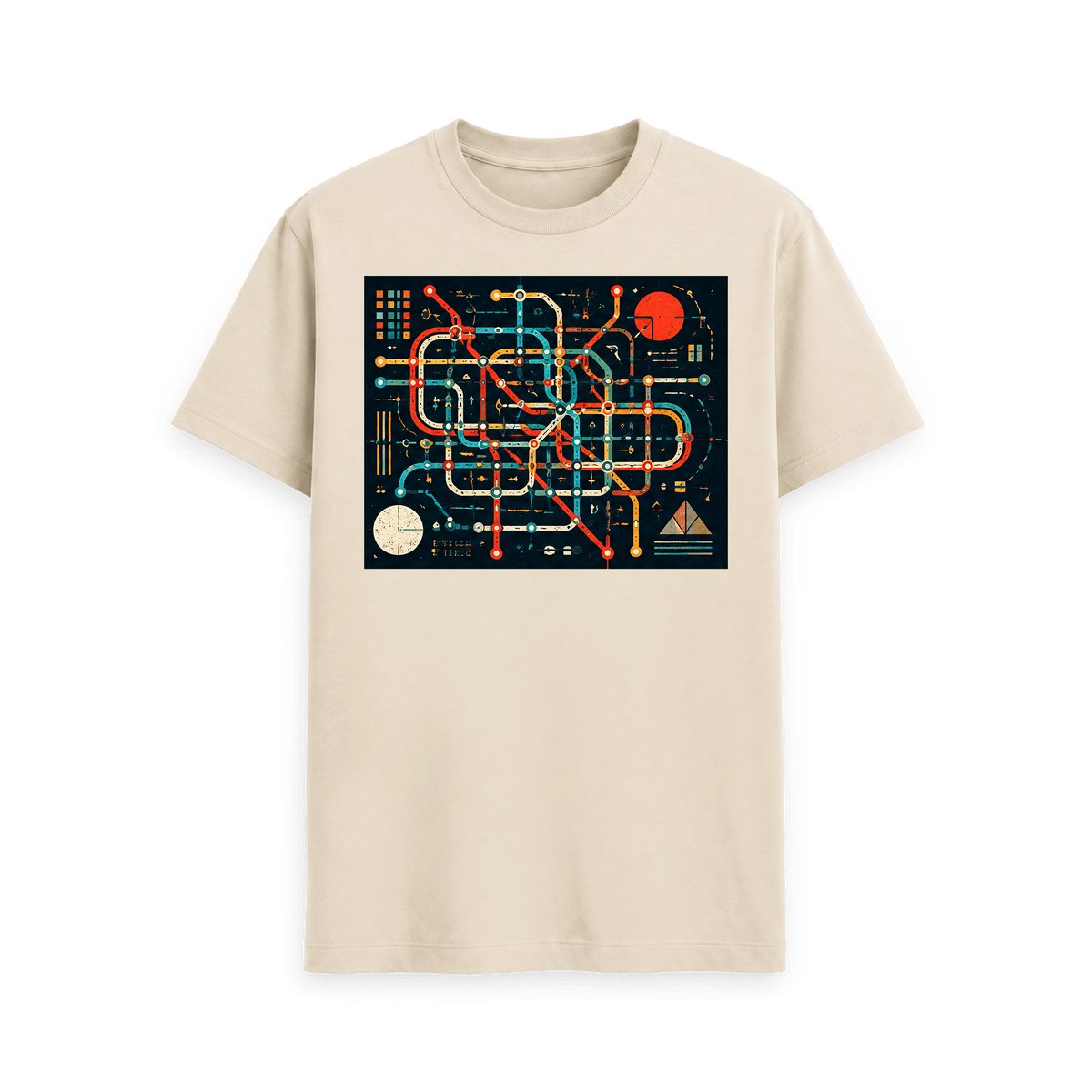 CARVÉ Parallel Lines Graphic T-Shirt in Oat, front view with fictional transit-map graphic with colourful routes