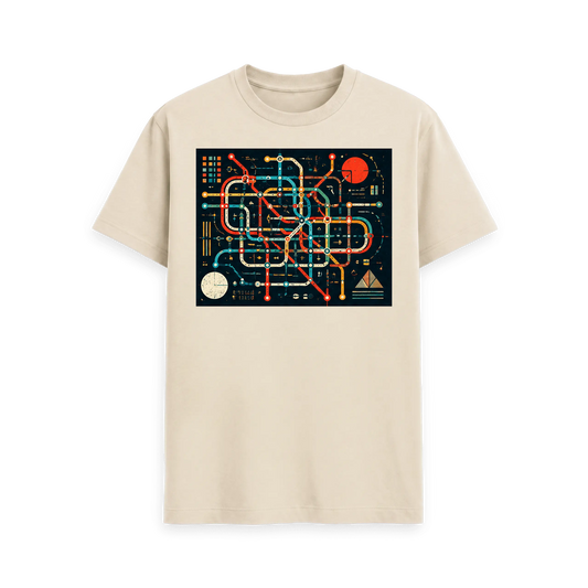 CARVÉ Parallel Lines Graphic T-Shirt in Oat, front view with fictional transit-map graphic with colourful routes
