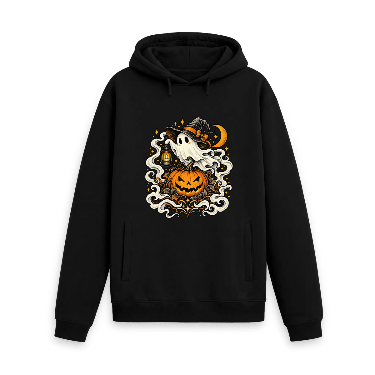 Black CARVÉ Little Haunting graphic hoodie with ghost, lantern and carved pumpkin, front view