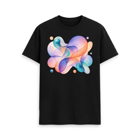CARVÉ Weightless Forms Graphic T-Shirt in Black, front view with pastel abstract ribbons and floating forms