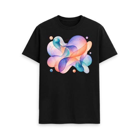 CARVÉ Weightless Forms Graphic T-Shirt in Black, front view with pastel abstract ribbons and floating forms
