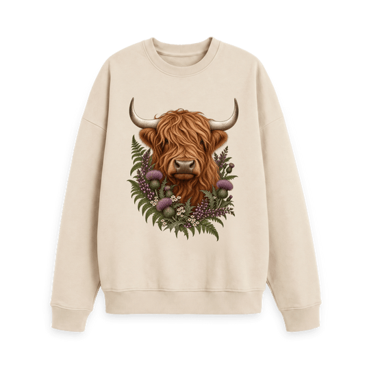 CARVÉ Wild Highland Cow Oversized Jumper in Oat — front view