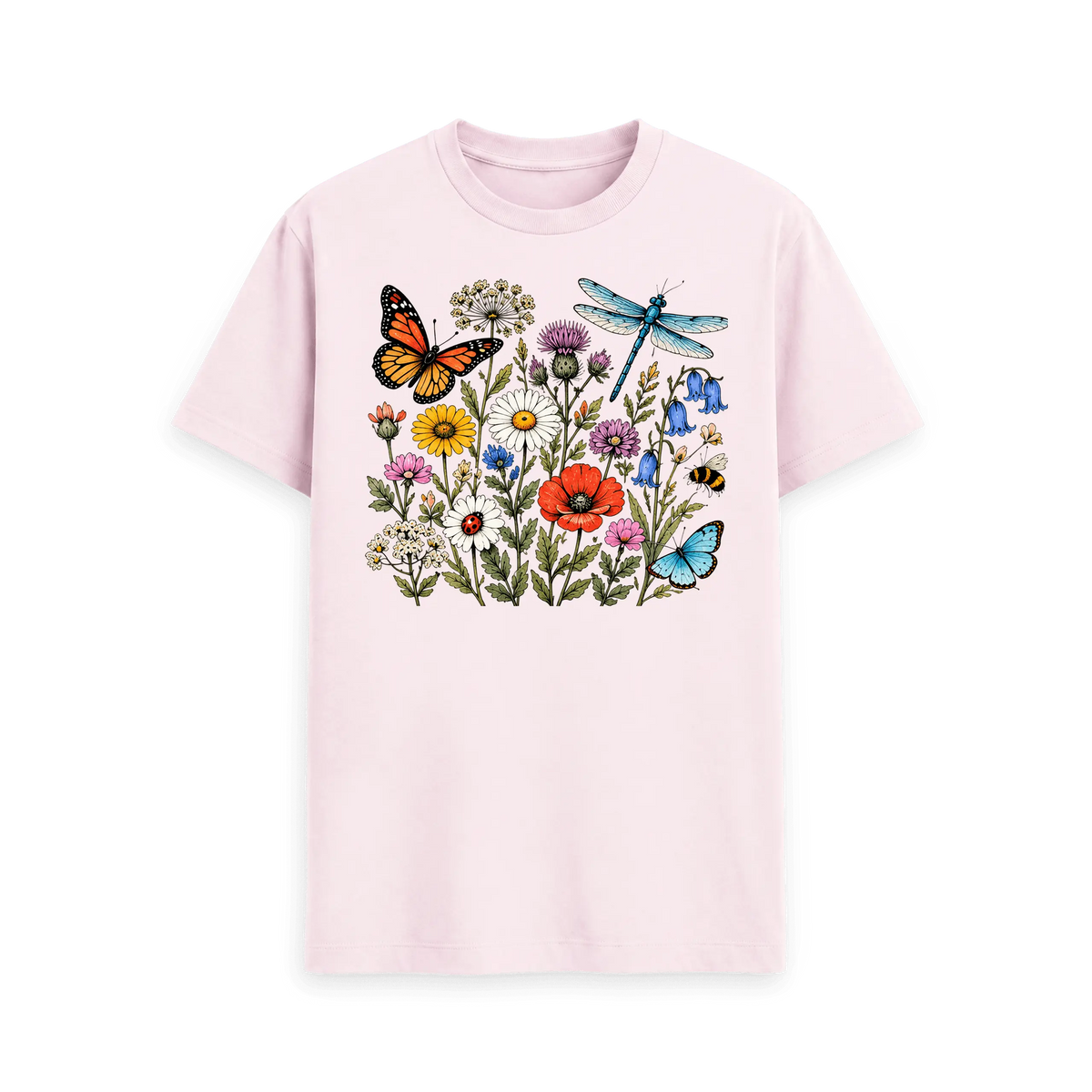 CARVÉ Wild Botanicals Graphic T-Shirt in Pink, front view with detailed wildflower, butterfly and insect illustration