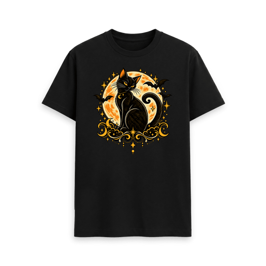 Black CARVÉ Midnight Familiar graphic T-shirt with black cat, full moon and stars, front view