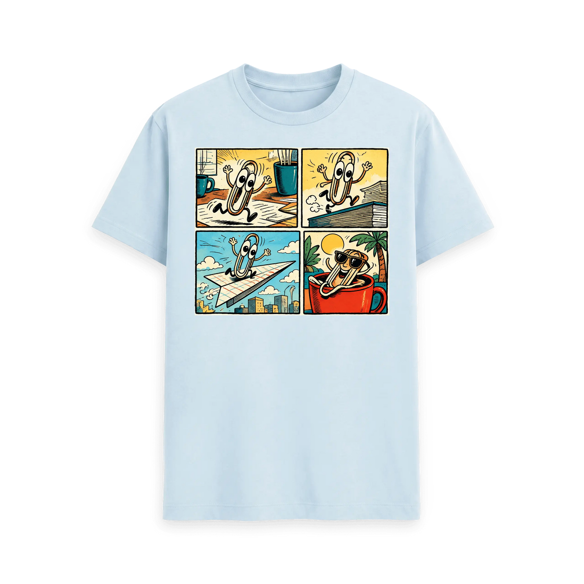 CARVÉ Desk Escape Graphic T-Shirt in Sky Blue, front view with playful four-panel paperclip escape comic
