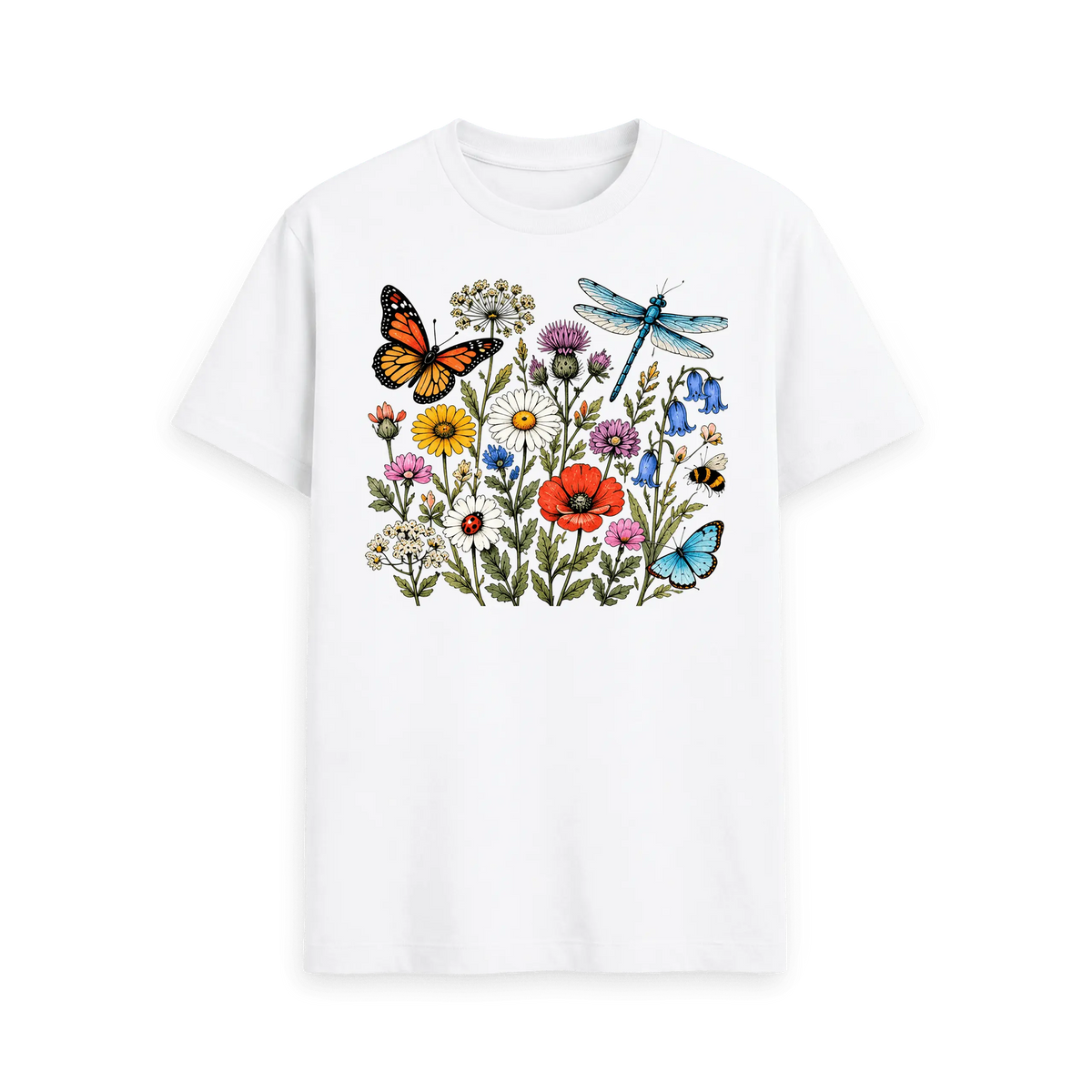 CARVÉ Wild Botanicals Graphic T-Shirt in White, front view with detailed wildflower, butterfly and insect illustration