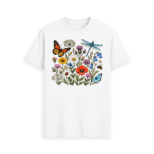 CARVÉ Wild Botanicals Graphic T-Shirt in White, front view with detailed wildflower, butterfly and insect illustration