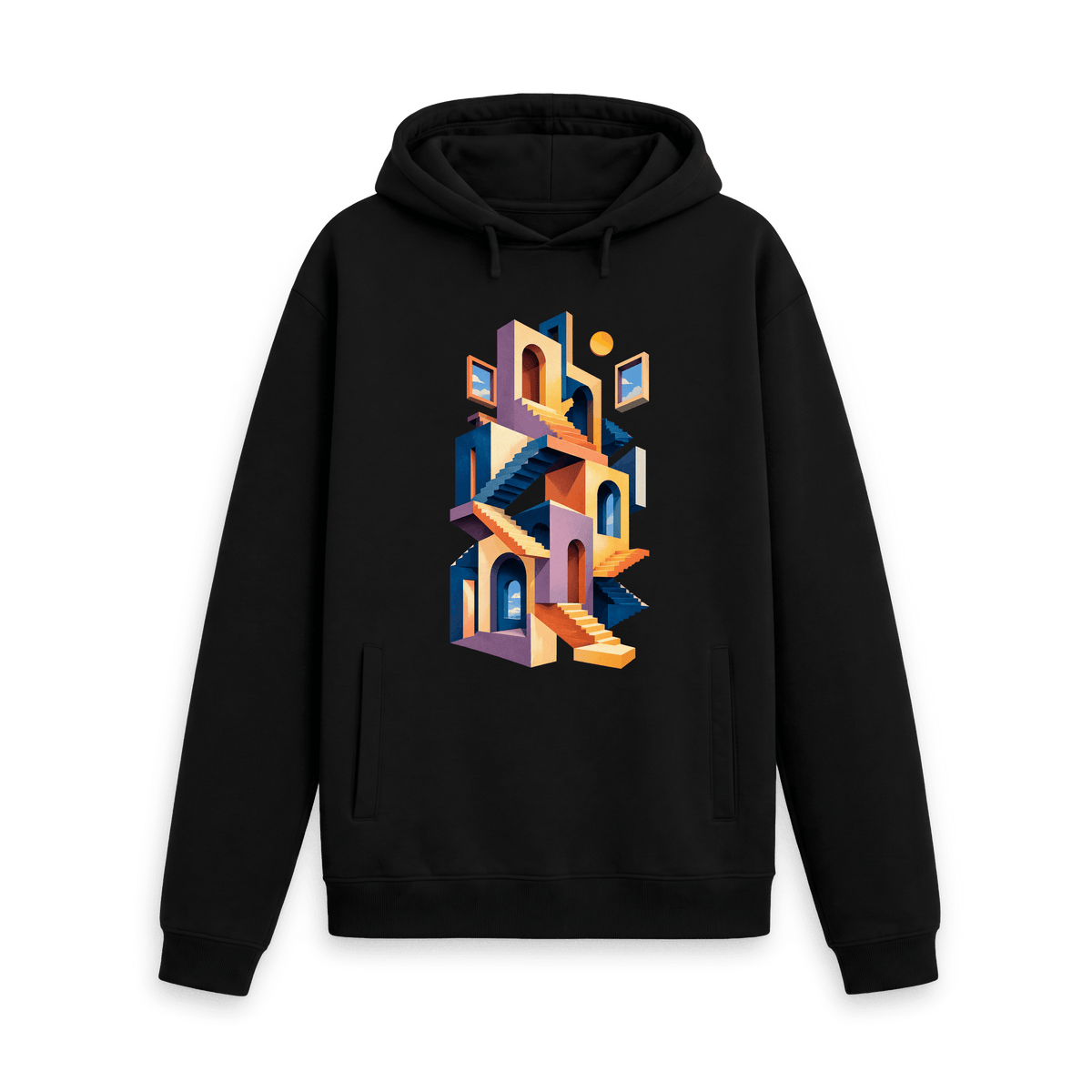 CARVÉ Between Floors Graphic Hoodie in Black, front view with surreal staircase and archway artwork