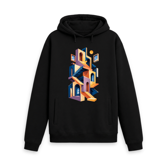 CARVÉ Between Floors Graphic Hoodie in Black, front view with surreal staircase and archway artwork