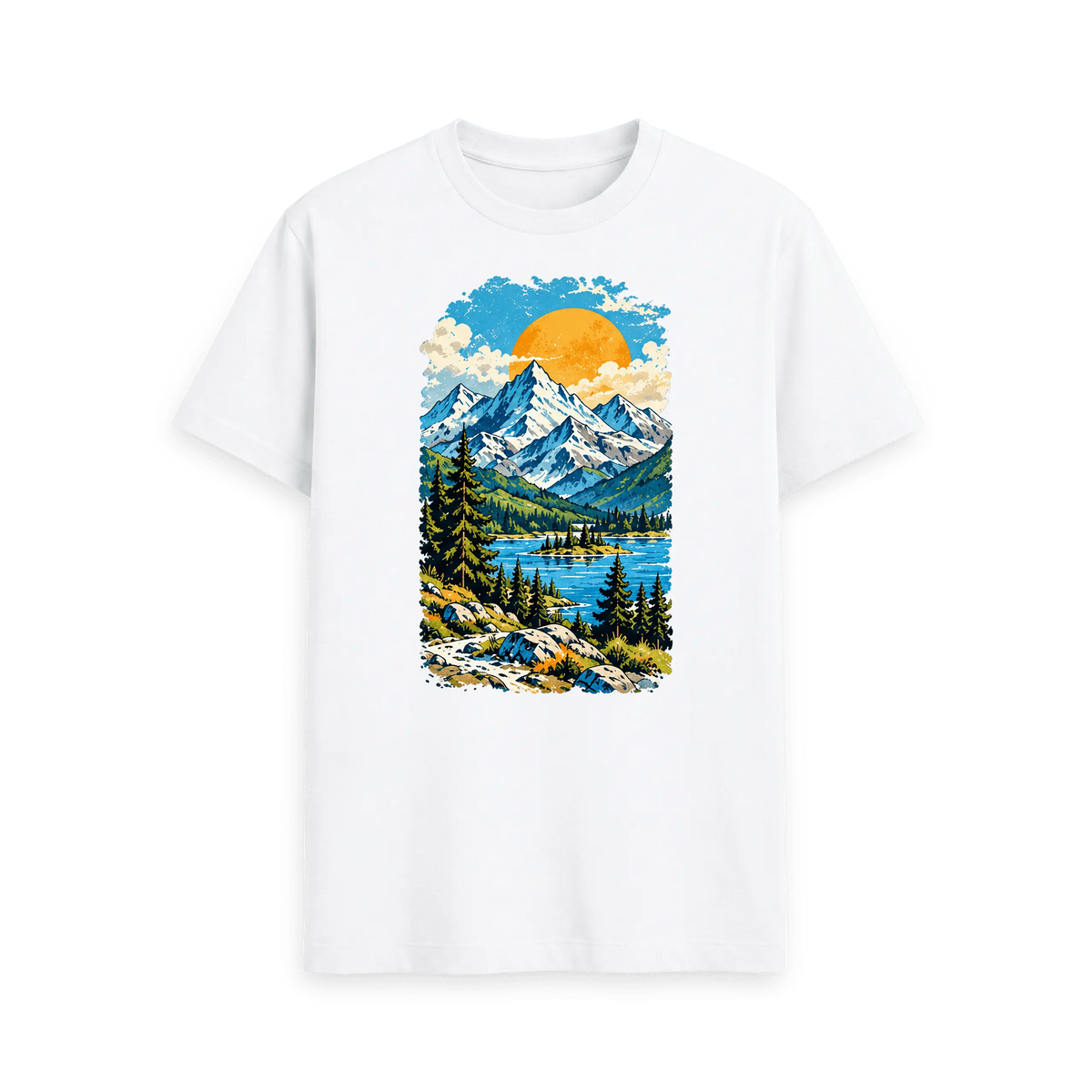 CARVÉ Summit Days Graphic T-Shirt in White, front view with alpine mountain, forest and lake landscape artwork