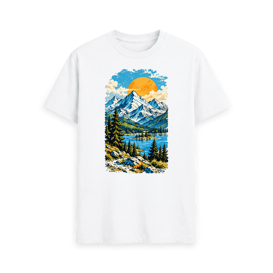 CARVÉ Summit Days Graphic T-Shirt in White, front view with alpine mountain, forest and lake landscape artwork