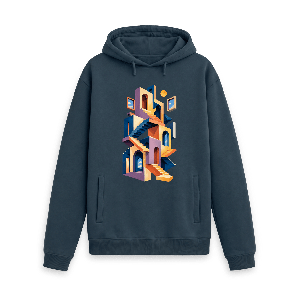 CARVÉ Between Floors Graphic Hoodie in Navy, front view with surreal staircase and archway artwork