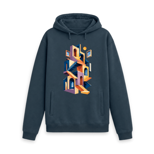 CARVÉ Between Floors Graphic Hoodie in Navy, front view with surreal staircase and archway artwork