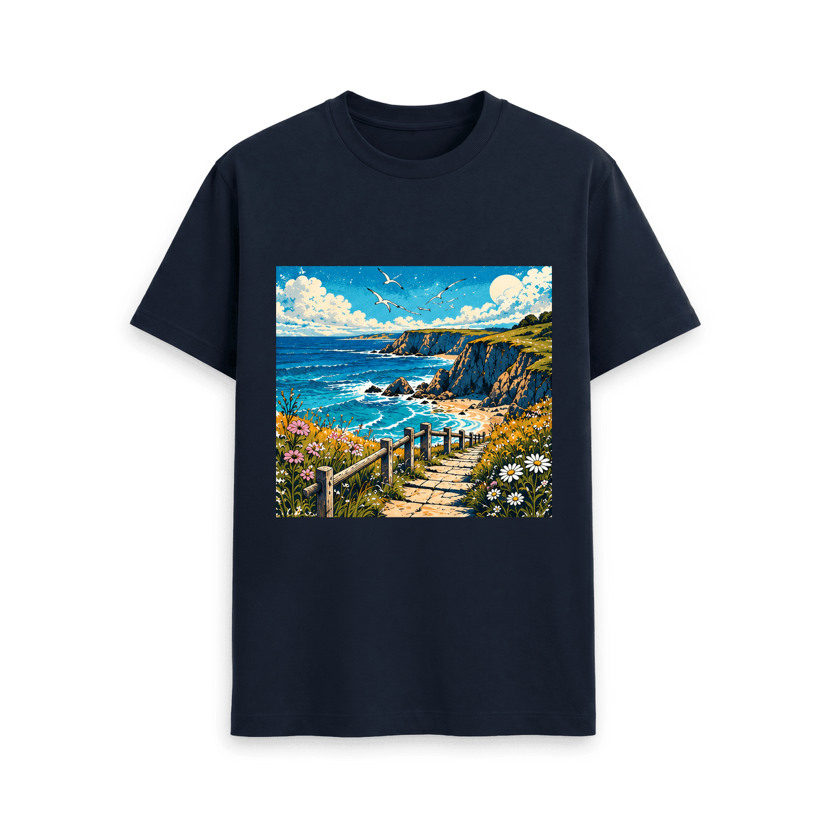 CARVÉ Coastal Drift Graphic T-Shirt in Navy Blue, front view with vintage-style coastal landscape illustration