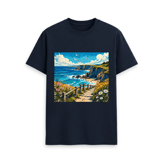 CARVÉ Coastal Drift Graphic T-Shirt in Navy Blue, front view with vintage-style coastal landscape illustration