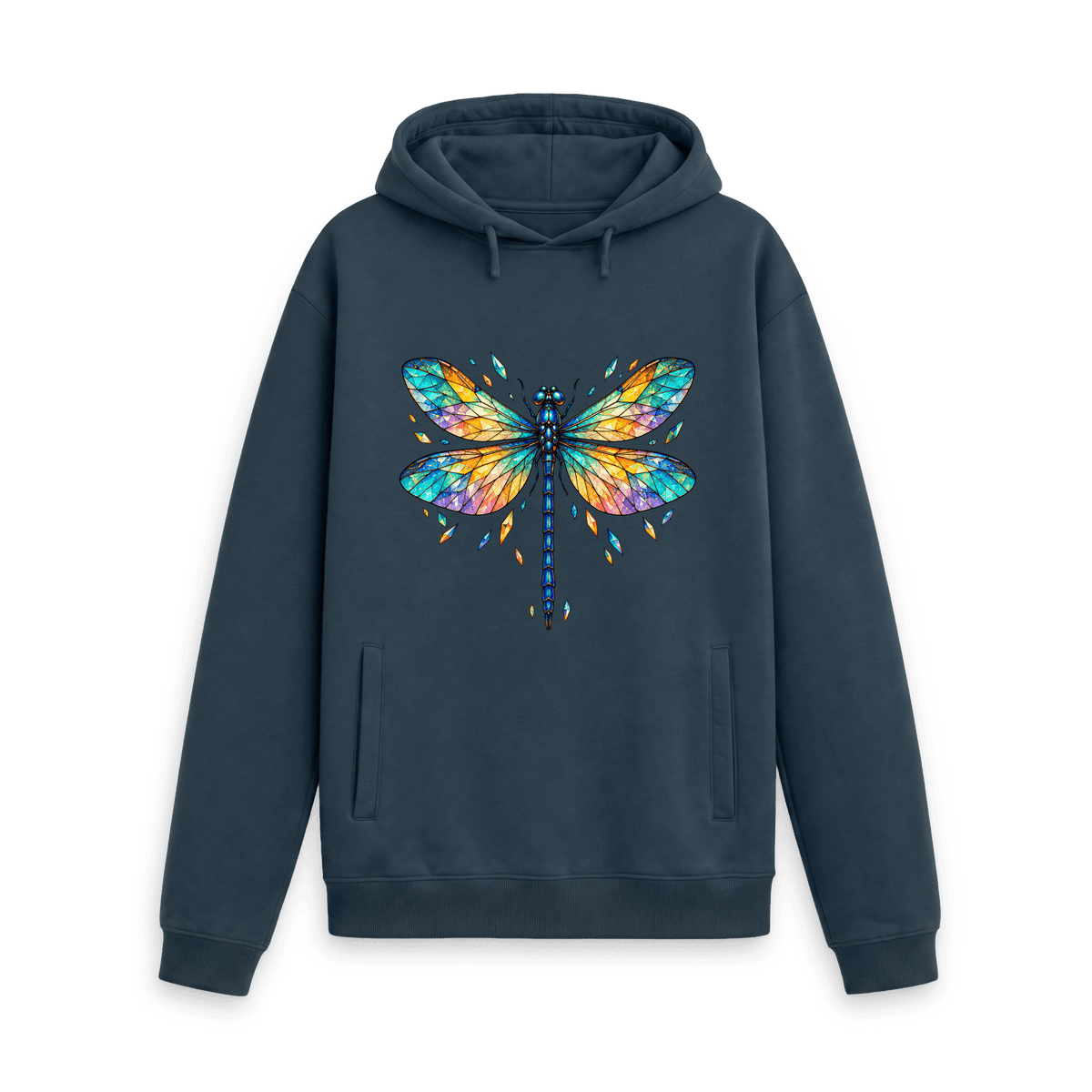CARVÉ Prism Wings Graphic Hoodie in Navy, front view with colourful stained-glass dragonfly artwork