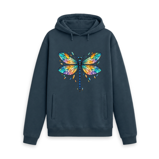 CARVÉ Prism Wings Graphic Hoodie in Navy, front view with colourful stained-glass dragonfly artwork