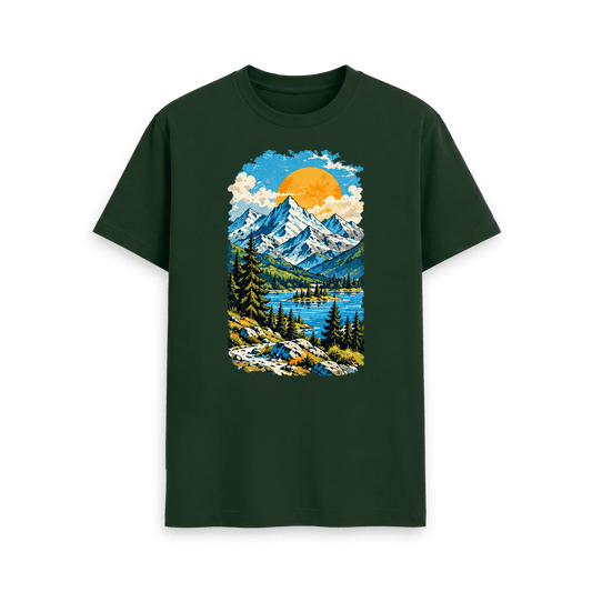 CARVÉ Summit Days Graphic T-Shirt in Evergreen, front view with alpine mountain, forest and lake landscape artwork