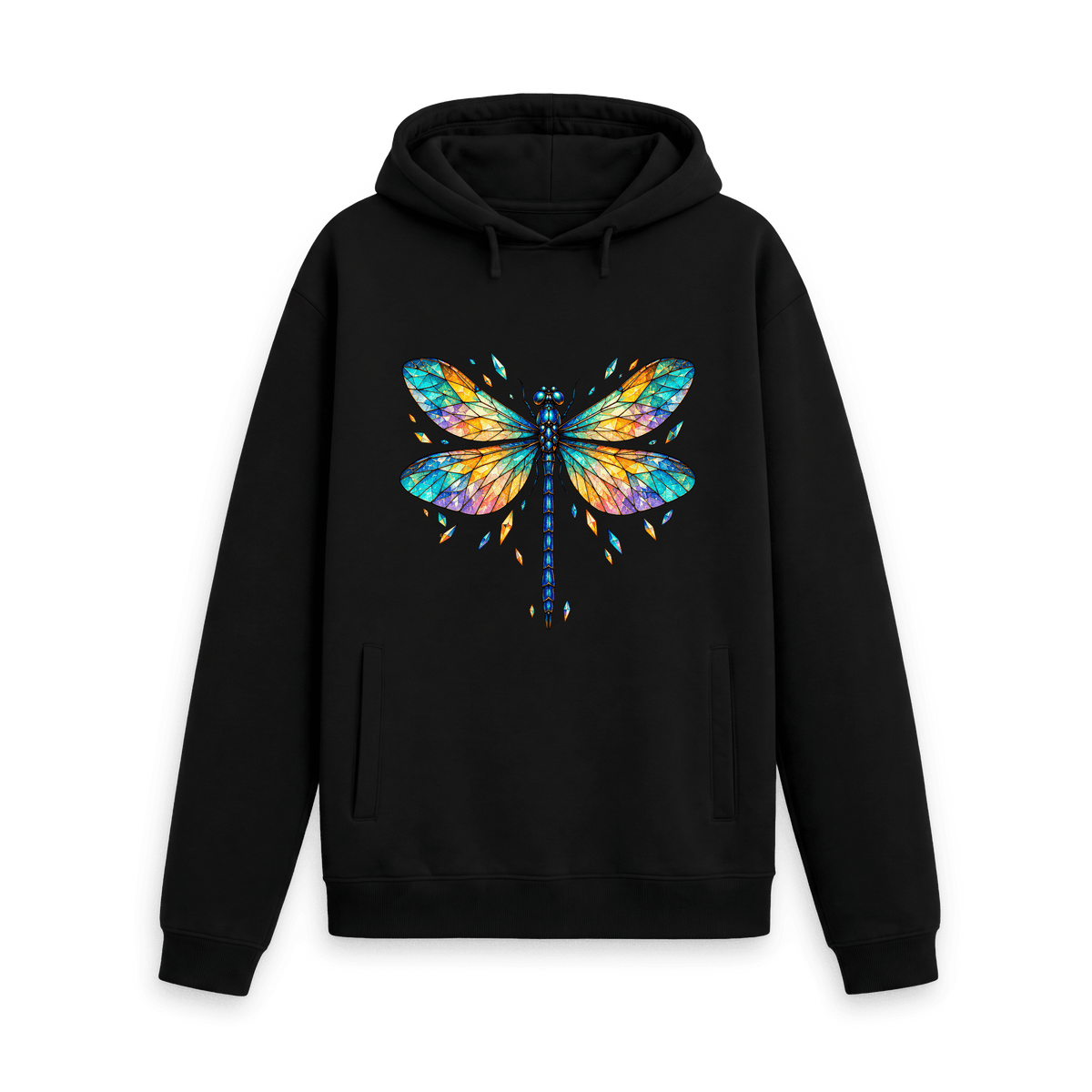 CARVÉ Prism Wings Graphic Hoodie in Black, front view with colourful stained-glass dragonfly artwork