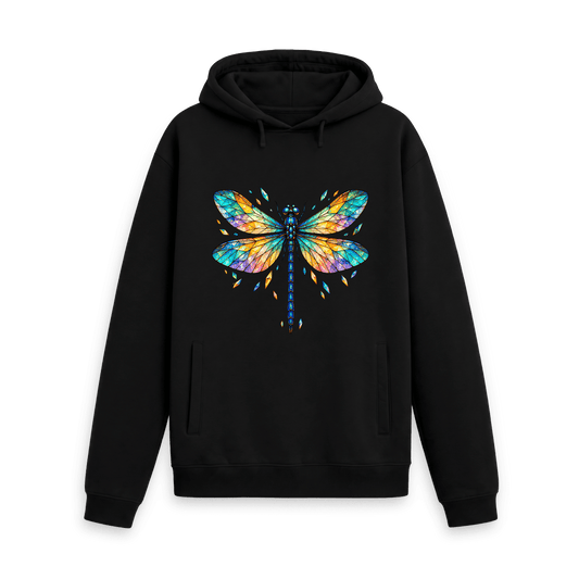 CARVÉ Prism Wings Graphic Hoodie in Black, front view with colourful stained-glass dragonfly artwork
