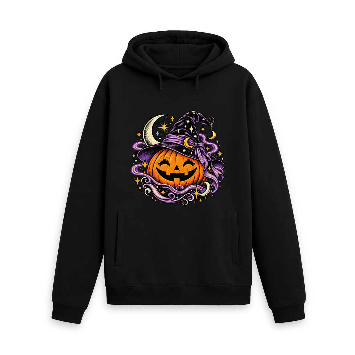 Black CARVÉ Pumpkin Spell graphic hoodie with witch hat pumpkin and purple swirls, front view