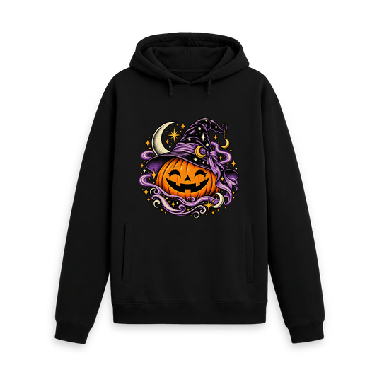 Black CARVÉ Pumpkin Spell graphic hoodie with witch hat pumpkin and purple swirls, front view