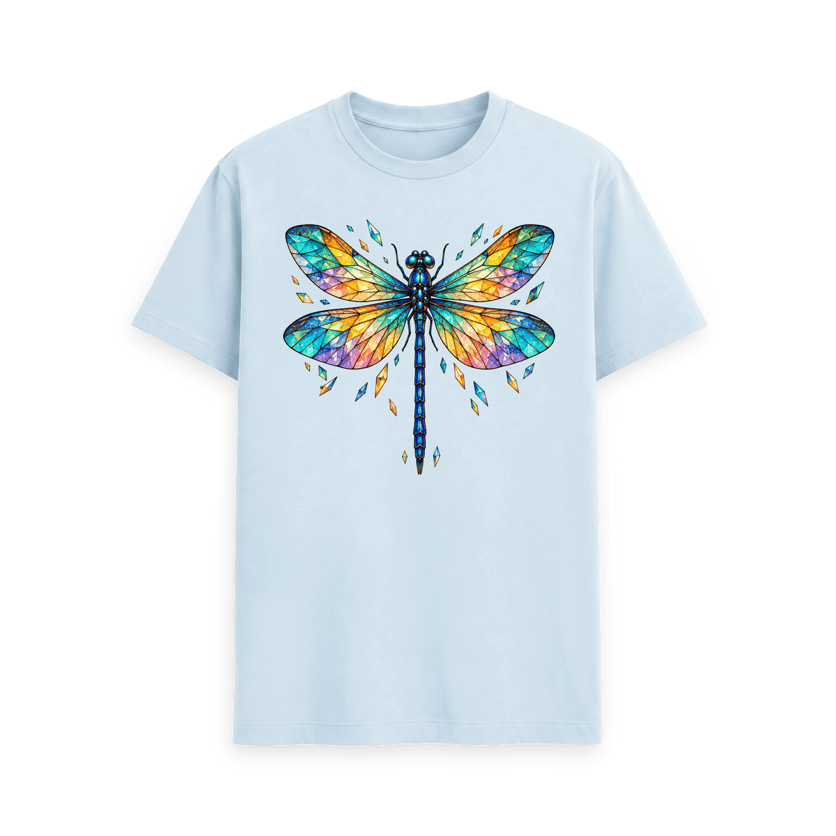 CARVÉ Prism Wings Graphic T-Shirt in Sky Blue, front view with colourful stained-glass dragonfly artwork