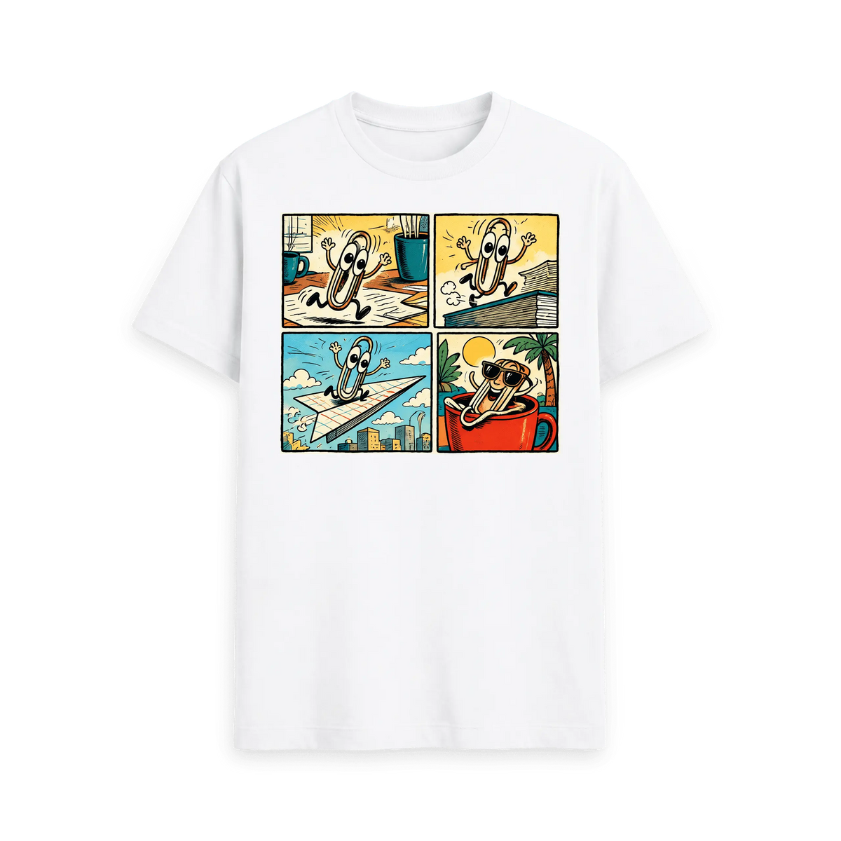 CARVÉ Desk Escape Graphic T-Shirt in White, front view with playful four-panel paperclip escape comic