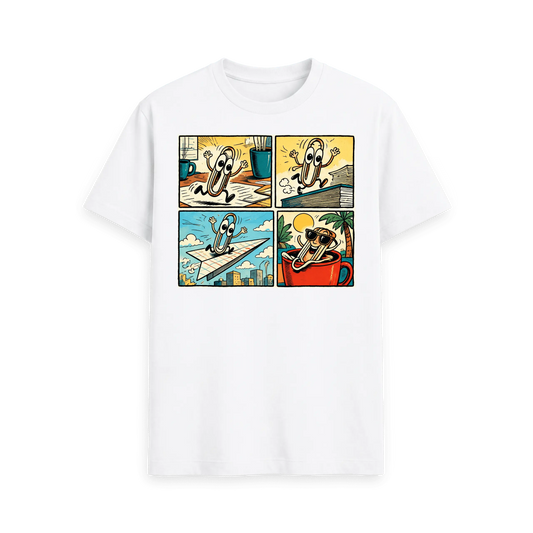 CARVÉ Desk Escape Graphic T-Shirt in White, front view with playful four-panel paperclip escape comic
