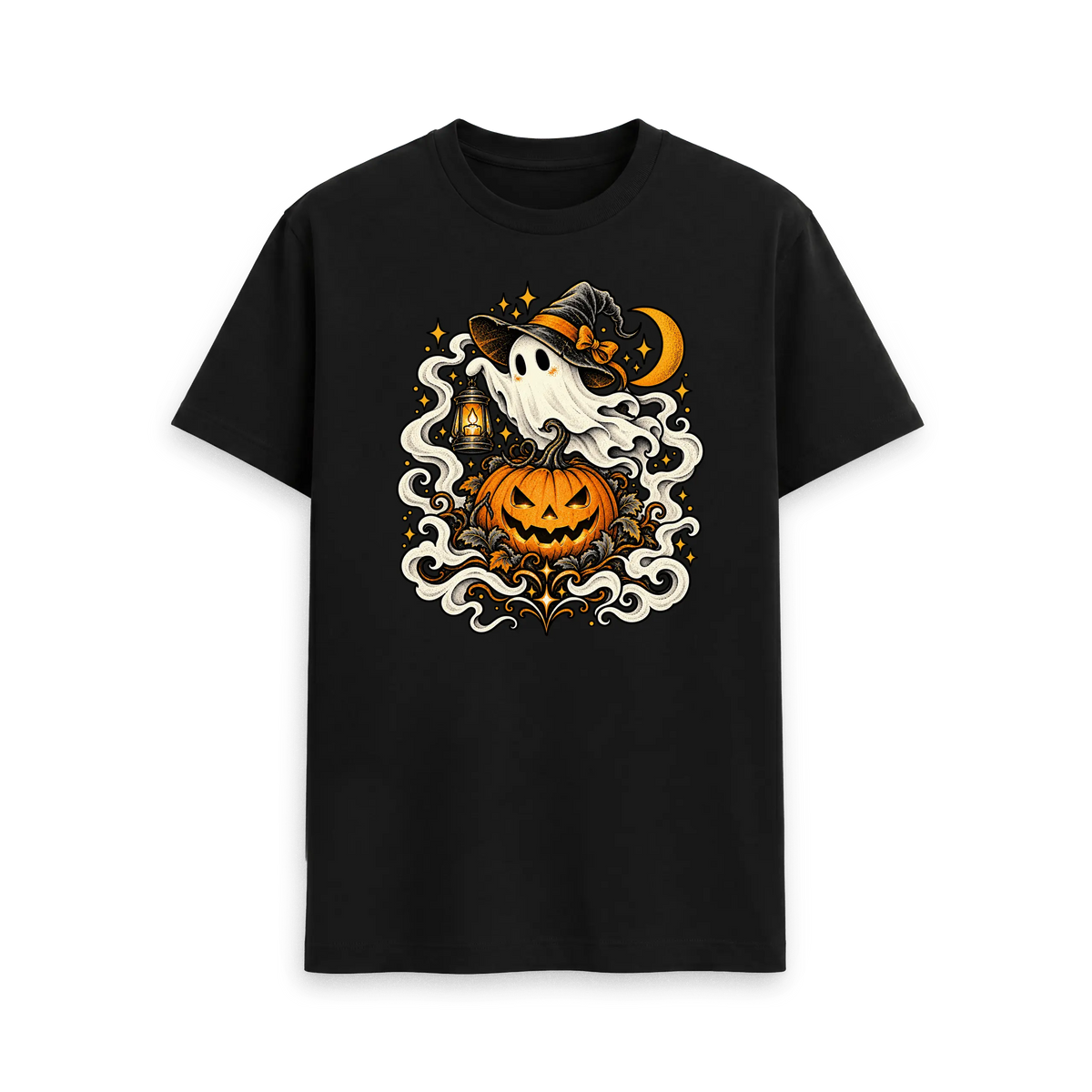 Black CARVÉ Little Haunting graphic T-shirt with ghost, lantern and carved pumpkin, front view